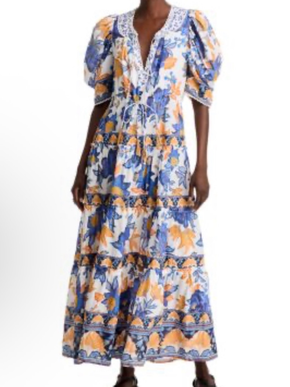 FARM Rio Blue, Mustard and Cream Floral Maxi Dress with Puff Sleeves